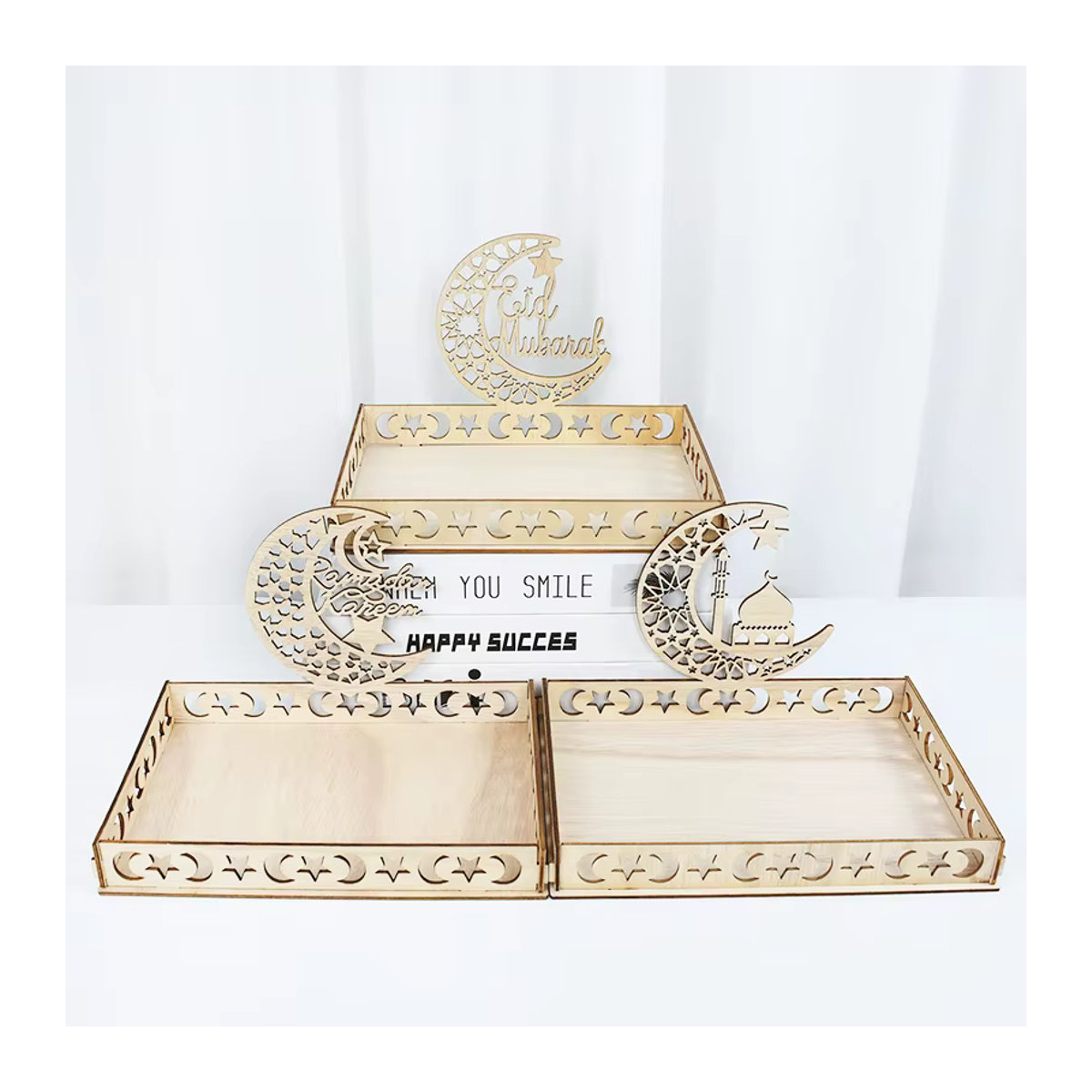 ZQCXLD Holztablett Eid Mubarak mit Mond- und Sternmotiv in Beige, Rechteckiges Orientalisches Tischdekor für Ramadan Kareem - Bild 2