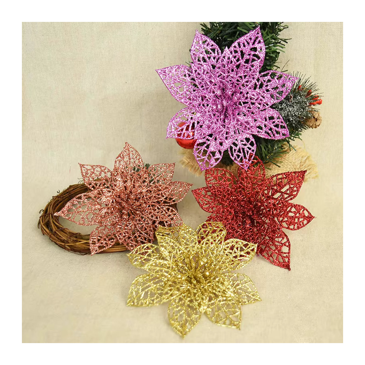 ZQCXLD Künstliche Rosen mit Glitter für Weihnachts-Dekoration und DIY-Kränze, Mehrfarbig, 5 Stück - Bild 2