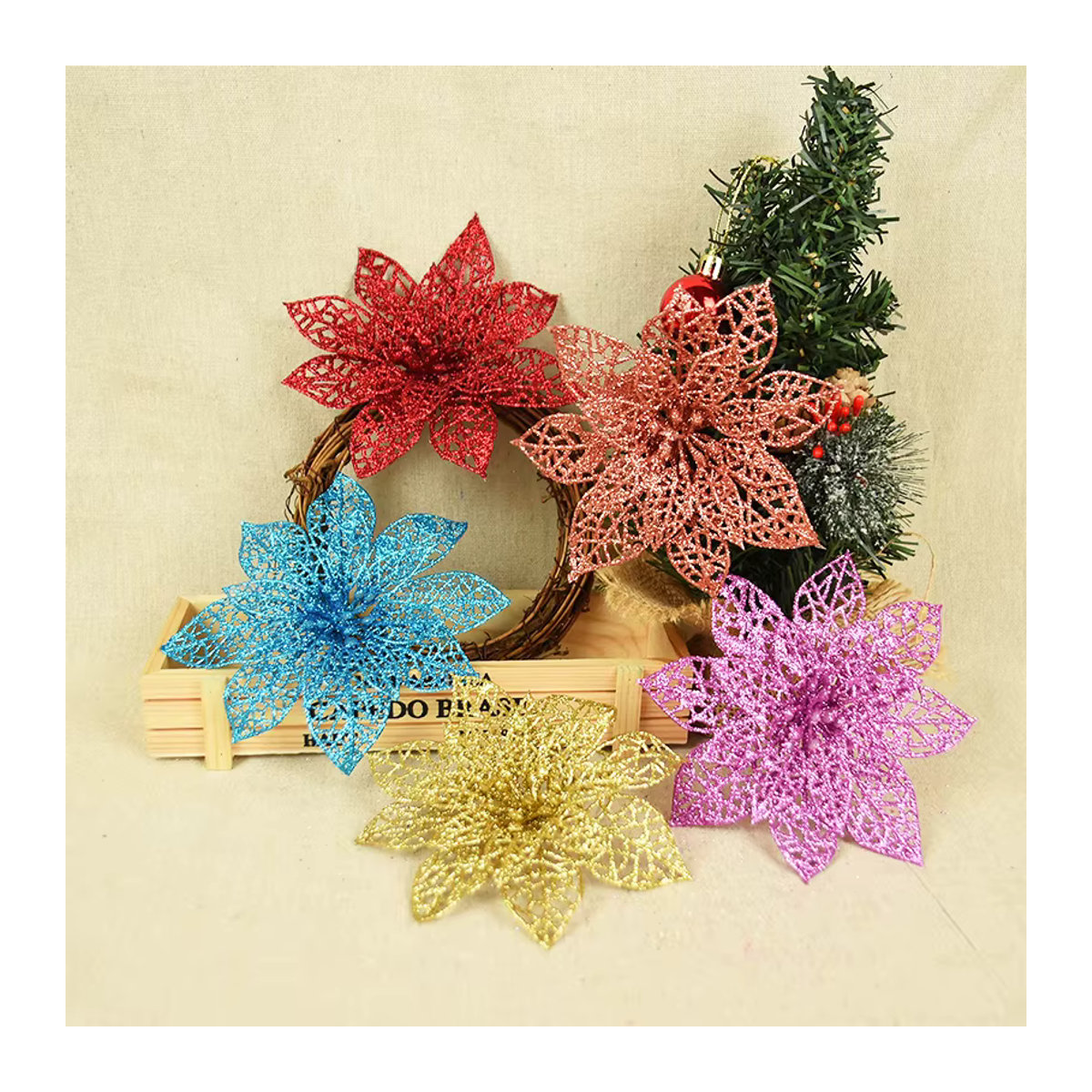 ZQCXLD Künstliche Rosen mit Glitter für Weihnachts-Dekoration und DIY-Kränze, Mehrfarbig, 5 Stück - Bild 3