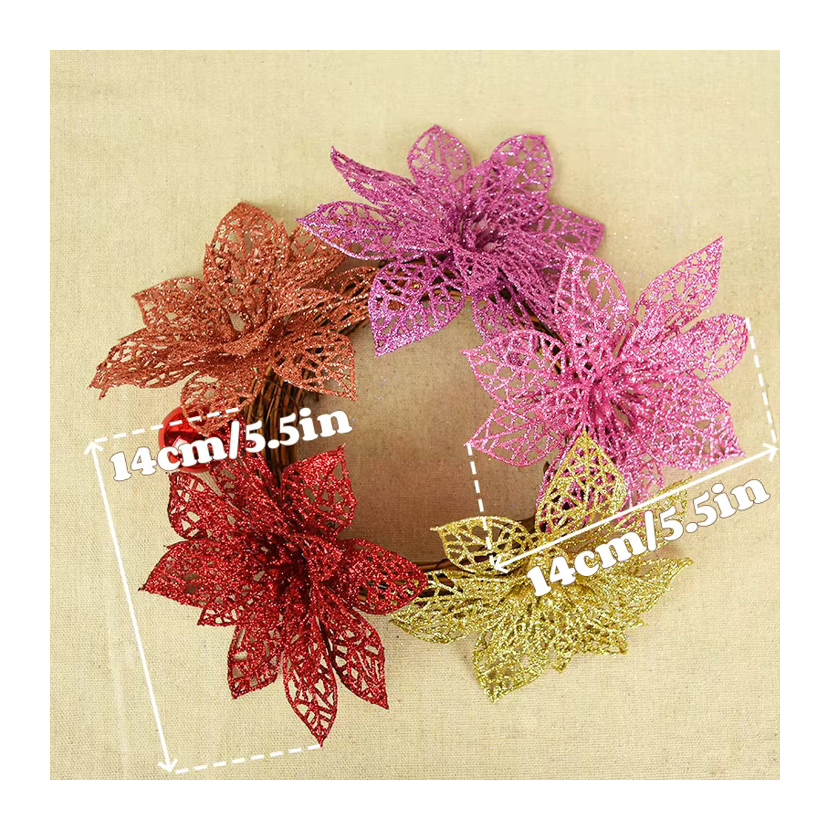 ZQCXLD Künstliche Rosen mit Glitter für Weihnachts-Dekoration und DIY-Kränze, Mehrfarbig, 5 Stück - Bild 4