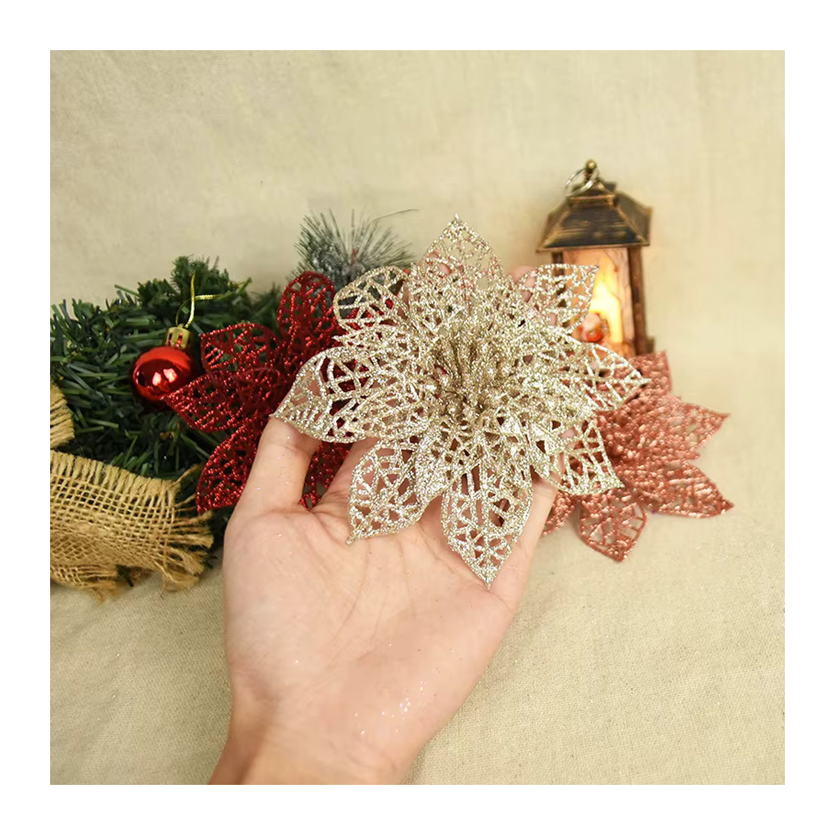 ZQCXLD Künstliche Rosen mit Glitter für Weihnachts-Dekoration und DIY-Kränze, Mehrfarbig, 5 Stück - Bild 5