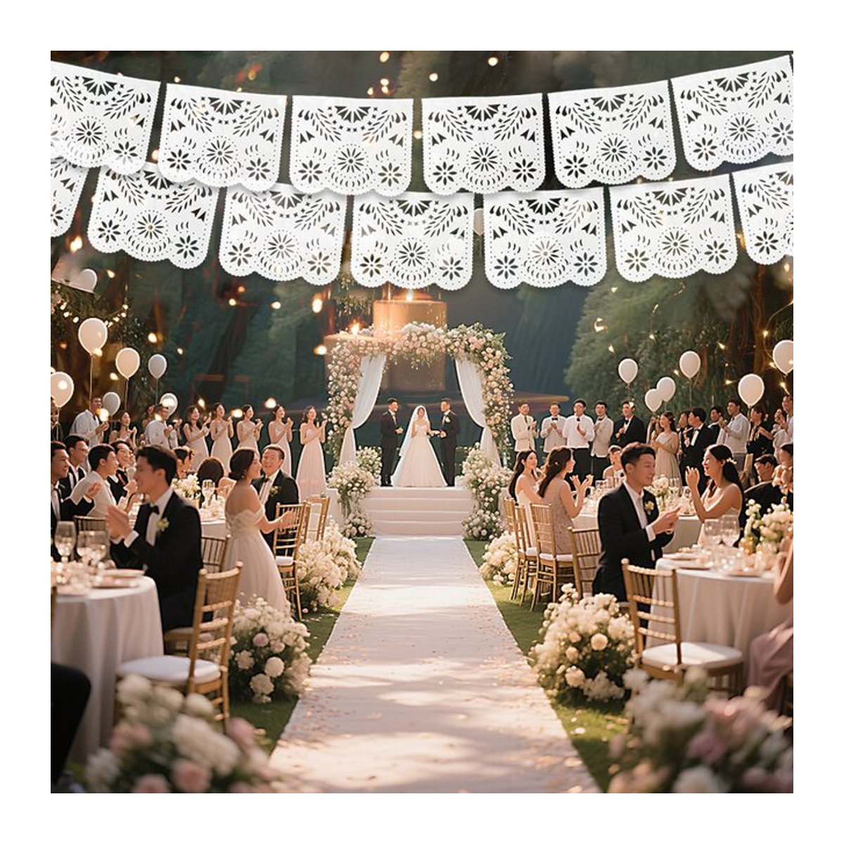 ZQCXLD Papel Picado Banner Weiß aus Kunststoff für Hochzeit und Cinco De Mayo als hängende Party-Dekoration mit Blumen- und geometrischen Mustern - Bild 1