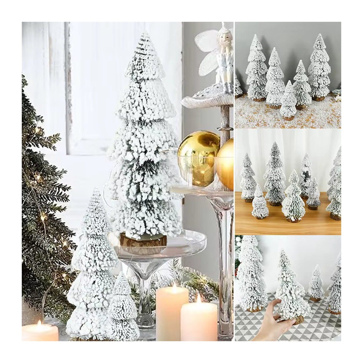 ZQCXLD Weihnachtsbaum Desktop-Dekoration Beflockte Miniatur-Tanne in Weiß mit Holzornamenten - Bild 2