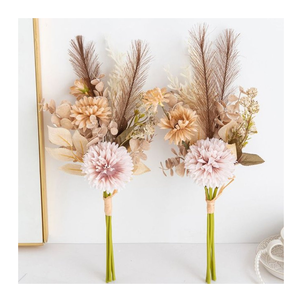 ZQCY Künstliche Chrysanthemen und Schilfrohr in Beige und Mehrfarbig als Textil-Blumenstrauß für Hochzeits- und Garten-Dekoration - Bild 1