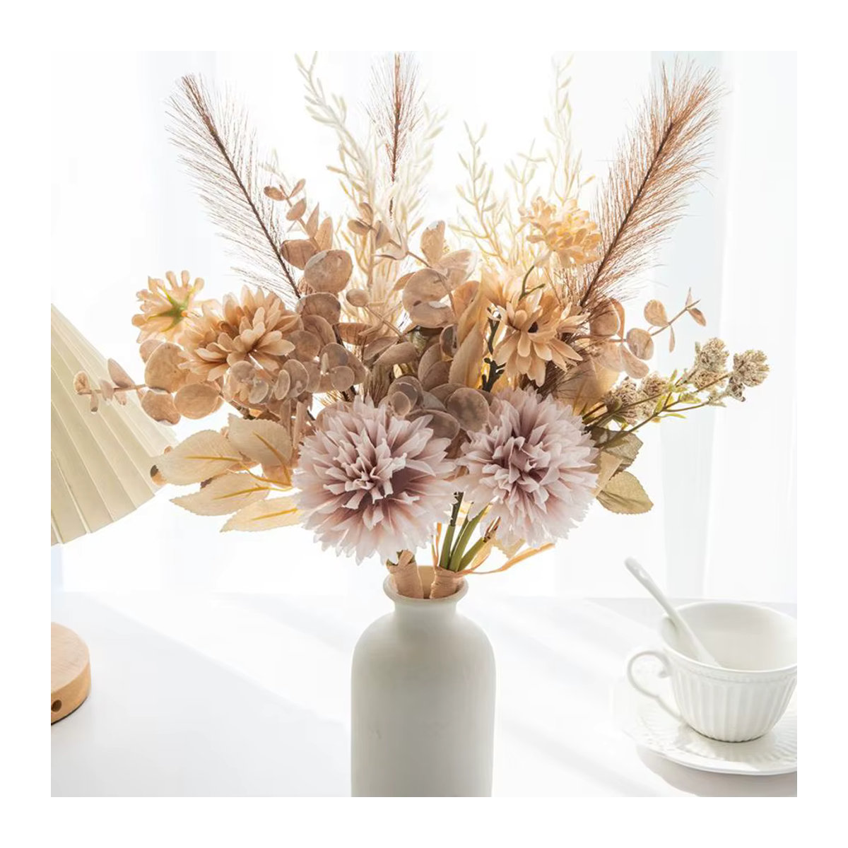 ZQCY Künstliche Chrysanthemen und Schilfrohr in Beige und Mehrfarbig als Textil-Blumenstrauß für Hochzeits- und Garten-Dekoration - Bild 2