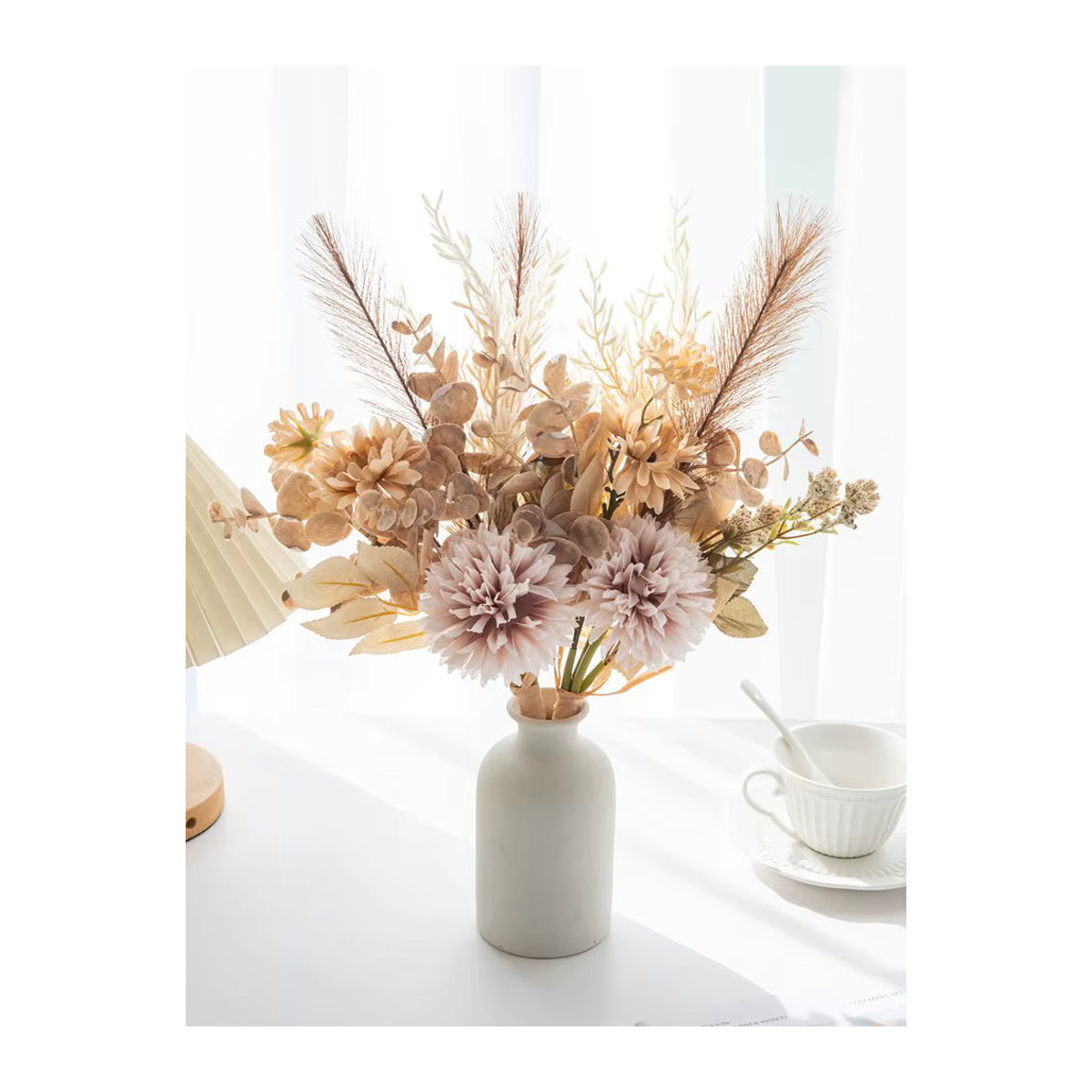 ZQCY Künstliche Chrysanthemen und Schilfrohr in Beige und Mehrfarbig als Textil-Blumenstrauß für Hochzeits- und Garten-Dekoration - Bild 4