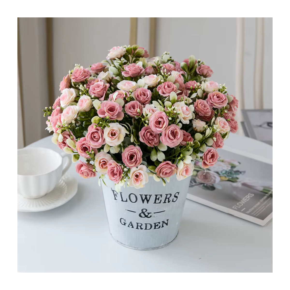 ZQCY Künstliche Seidenrosen Multi Head Blumenarrangements in Weiß und Rosa für Hochzeitsdekoration und Wohnzimmer - Bild 2
