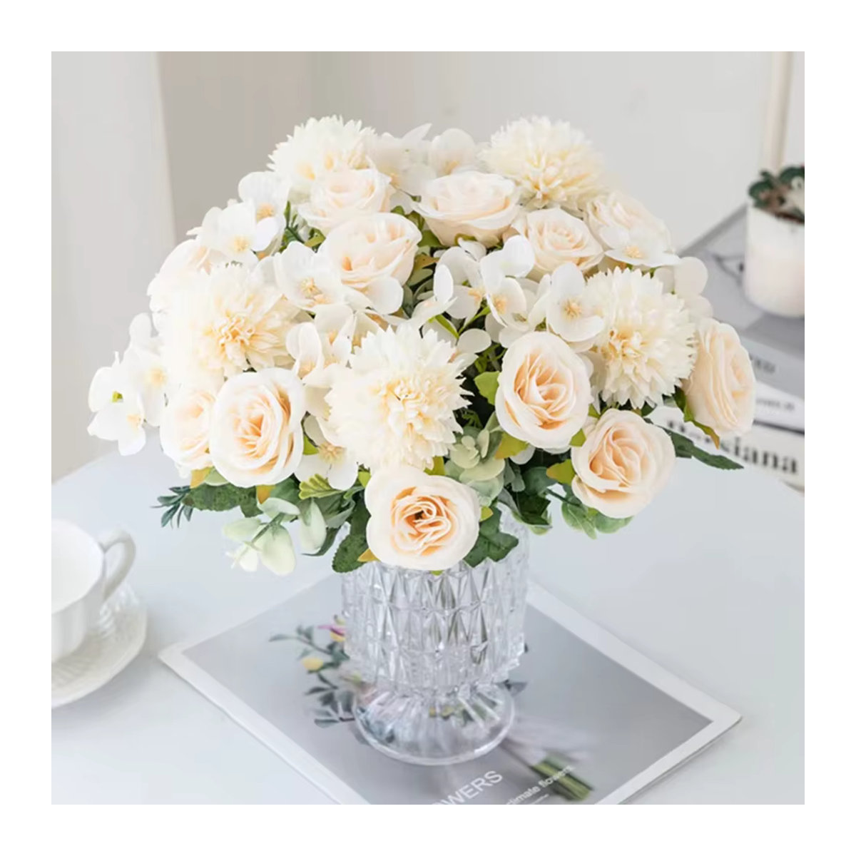 ZQCY Künstlicher Blumenstrauß aus Seide mit Rosen und Chrysanthemen in Rosa und Weiß für Hochzeit und Dekoration - Bild 1