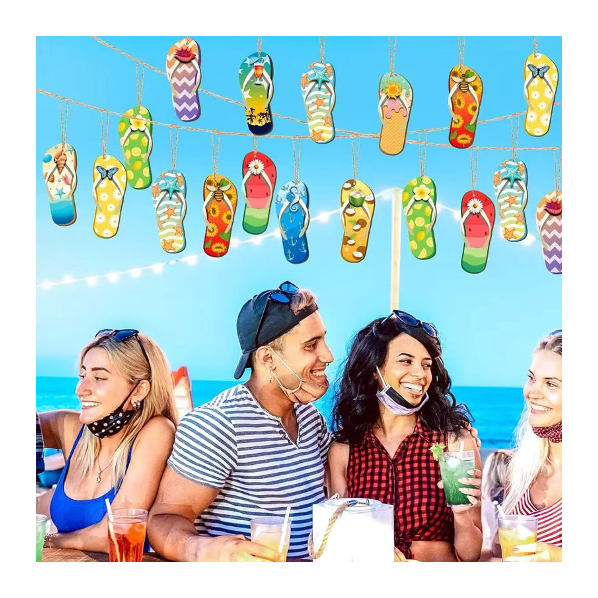 ZQNYCY 12er Set Sommerparty Hängeornamente aus Holz mit Blumen- und Hausschuhen als Girlande für hawaiianische Luau-Tropenparty Dekoration, mehrfarbig - Bild 3