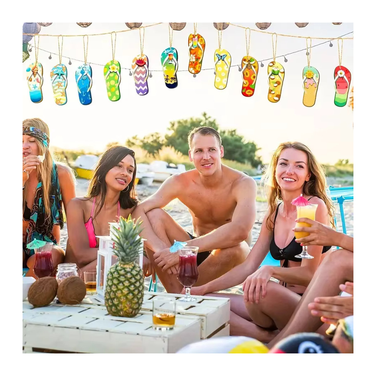 ZQNYCY 12er Set Sommerparty Hängeornamente aus Holz mit Blumen- und Hausschuhen als Girlande für hawaiianische Luau-Tropenparty Dekoration, mehrfarbig - Bild 5