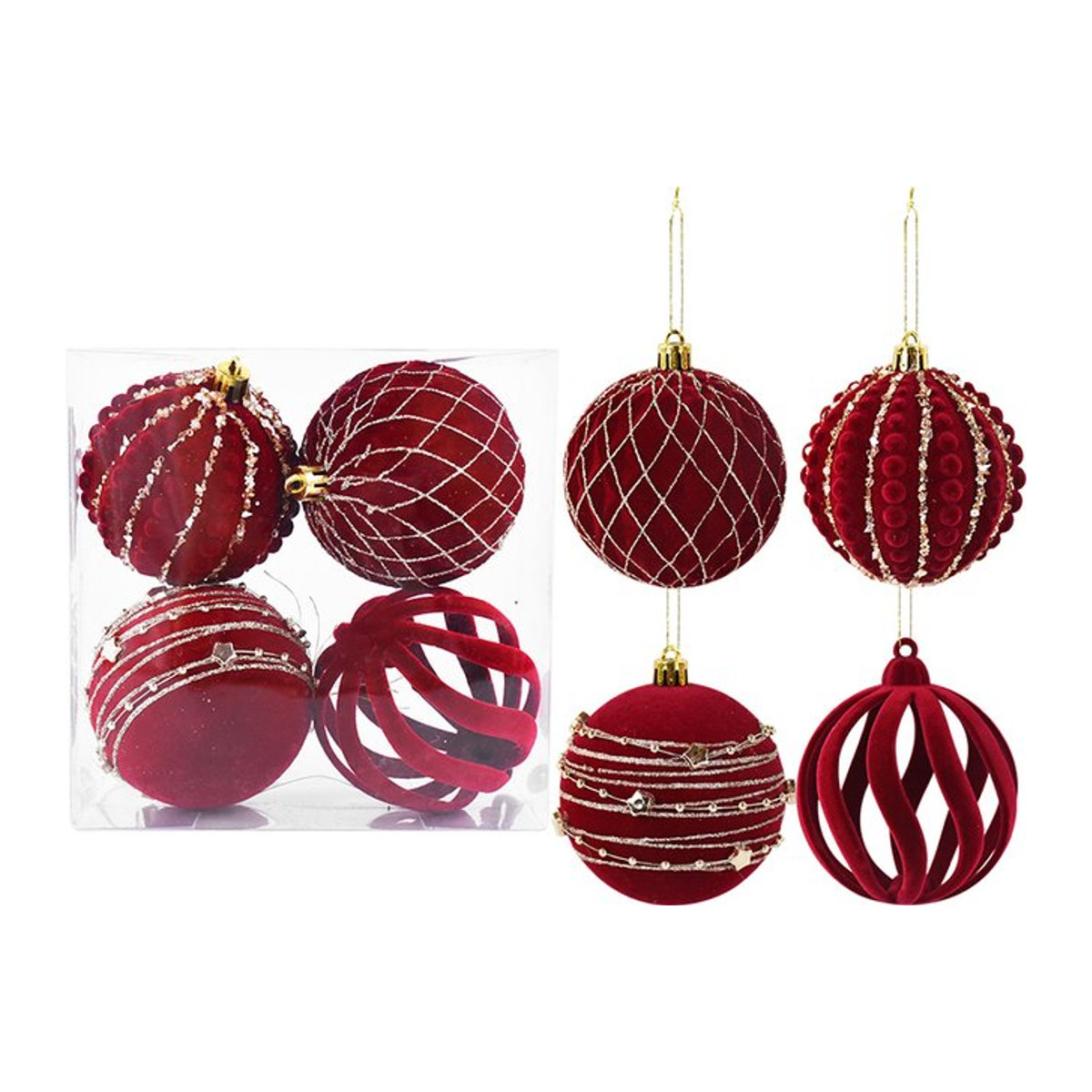 ZQNYCY 4er Set rote Plüsch Weihnachtskugeln als Hängeornamente aus Textil für deinen Weihnachtsbaum - Bild 1