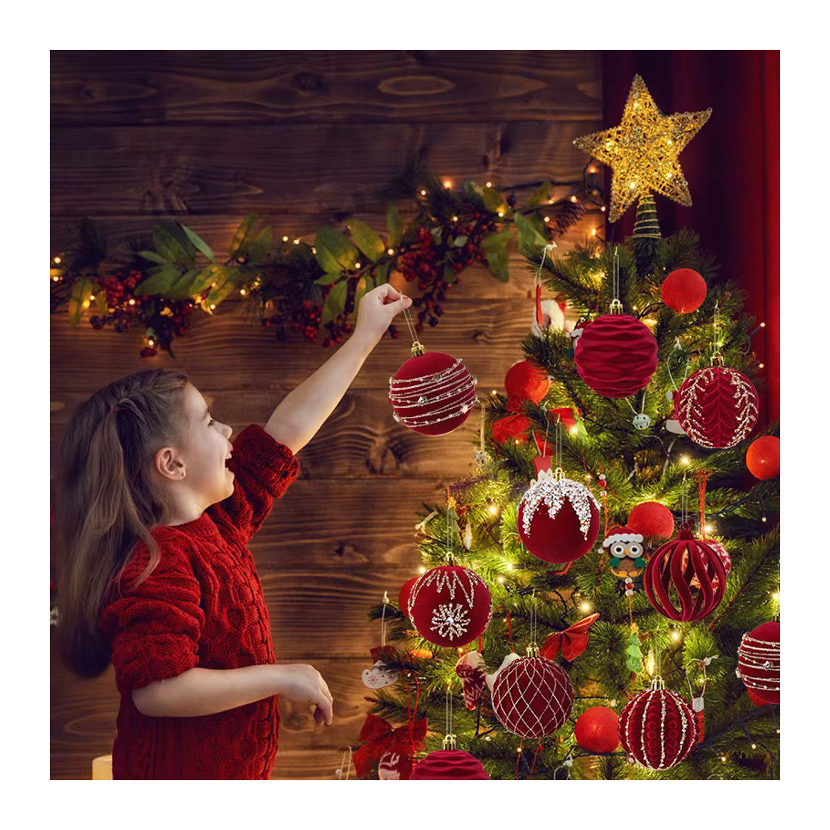 ZQNYCY 4er Set rote Plüsch Weihnachtskugeln als Hängeornamente aus Textil für deinen Weihnachtsbaum - Bild 4