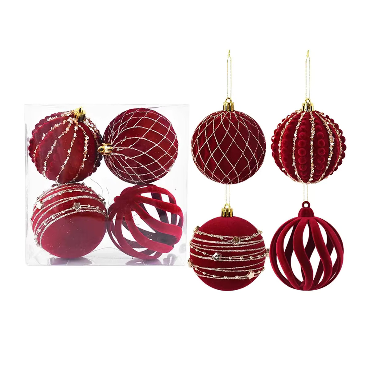 ZQNYCY 4er Set rote Plüsch Weihnachtskugeln als Hängeornamente aus Textil für deinen Weihnachtsbaum - Bild 6