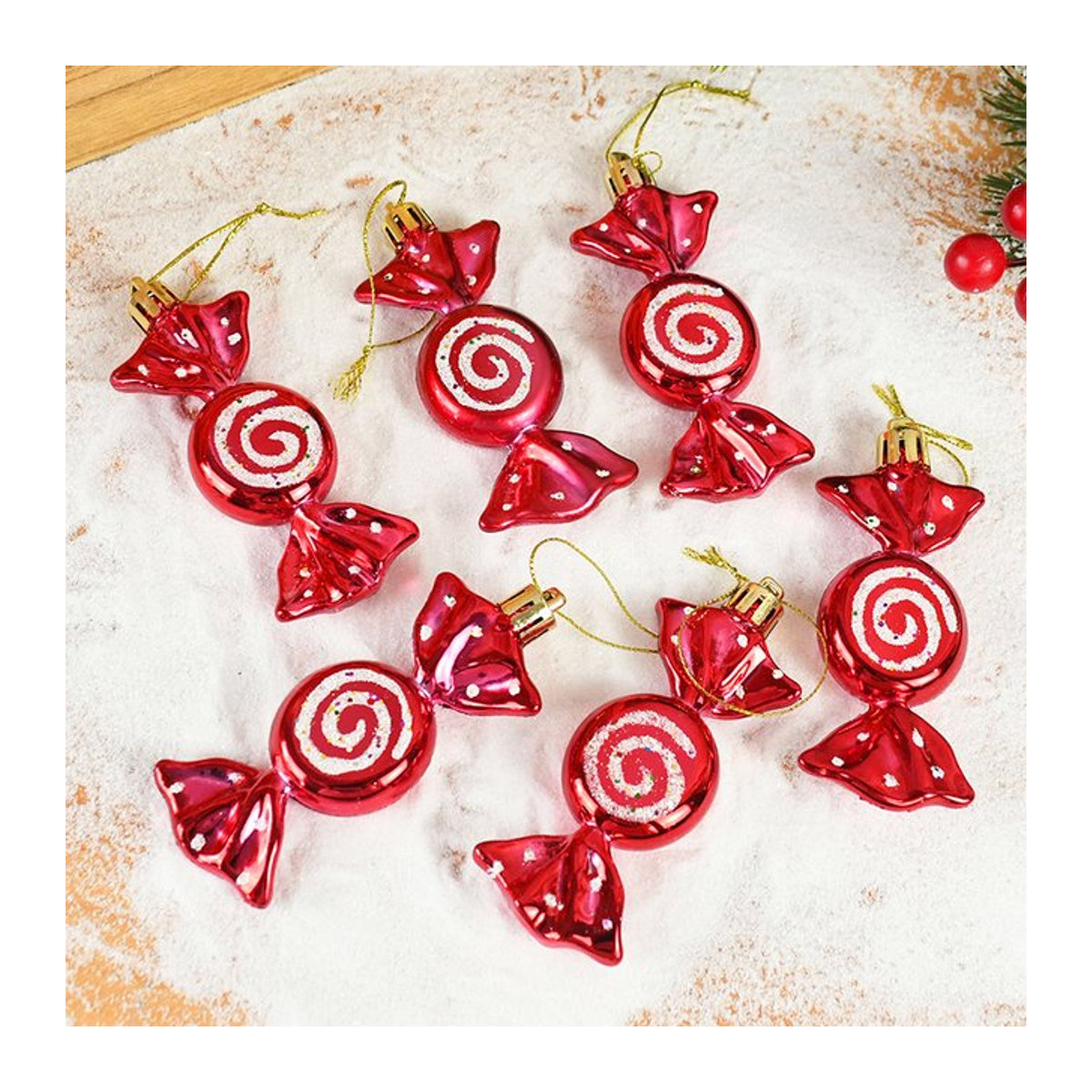 ZQNYCY 6er Set Weihnachts-Hängeornamente aus Glas in Süßigkeiten-Form, rot, unregelmäßige Kugeln mit Schnur für den Weihnachtsbaum - Bild 1