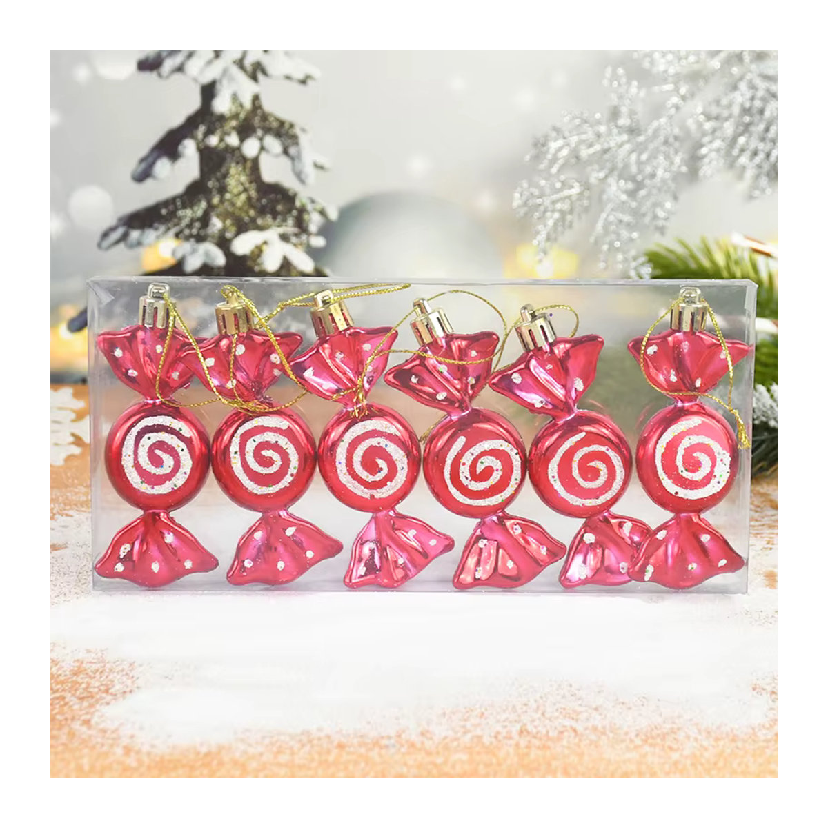 ZQNYCY 6er Set Weihnachts-Hängeornamente aus Glas in Süßigkeiten-Form, rot, unregelmäßige Kugeln mit Schnur für den Weihnachtsbaum - Bild 2