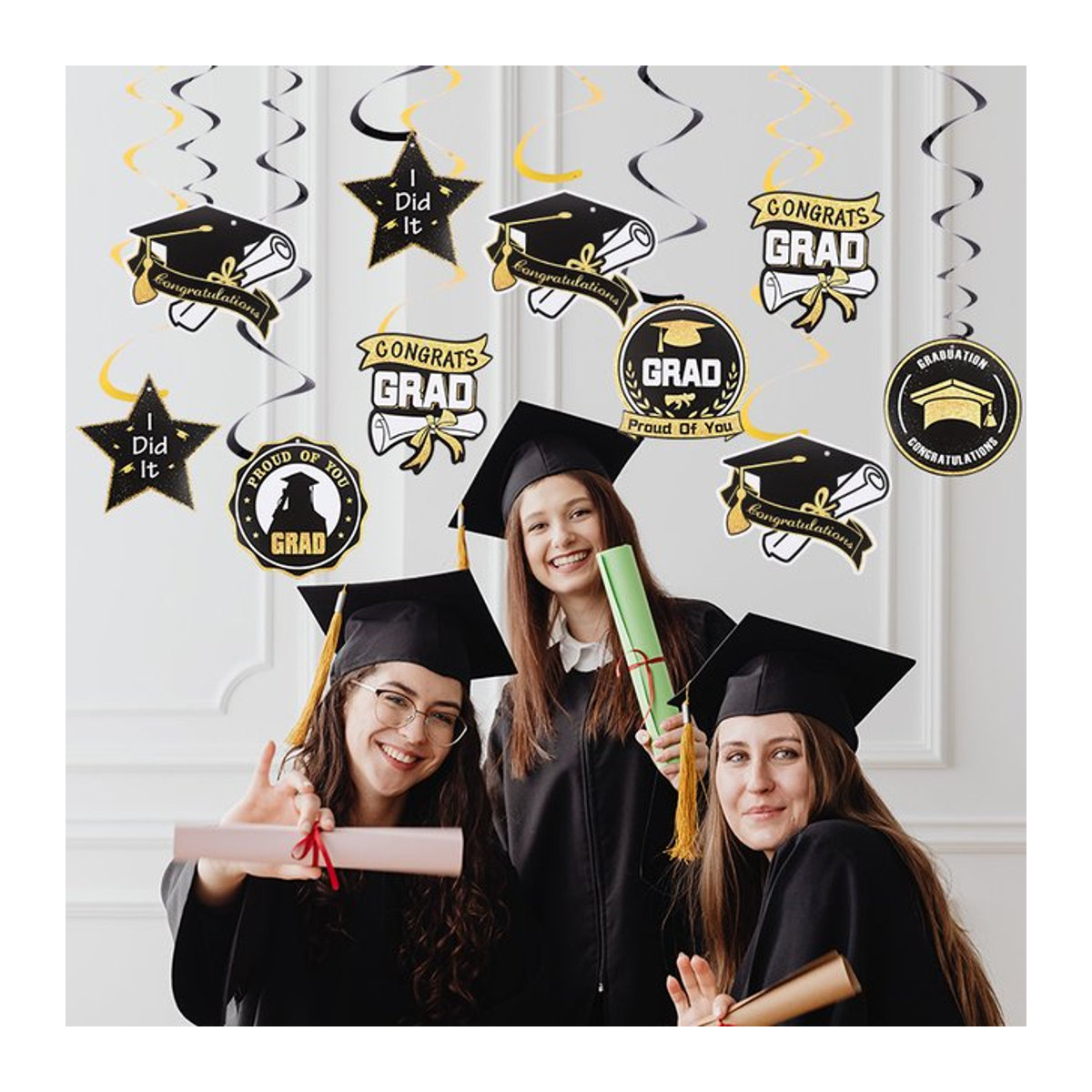 ZQNYCY Abschlussfeier Dekoration Set mit Papierbanner Girlande hängenden Spiralen und Ballons in Gold und Schwarz für die Klasse von 2025 - Bild 1