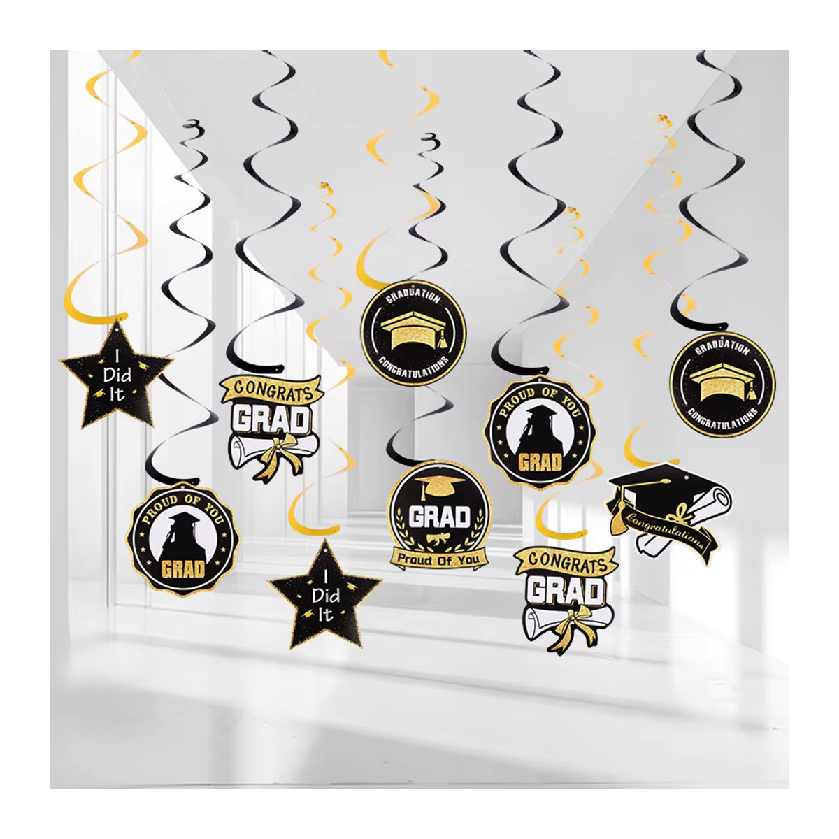 ZQNYCY Abschlussfeier Dekoration Set mit Papierbanner Girlande hängenden Spiralen und Ballons in Gold und Schwarz für die Klasse von 2025 - Bild 2