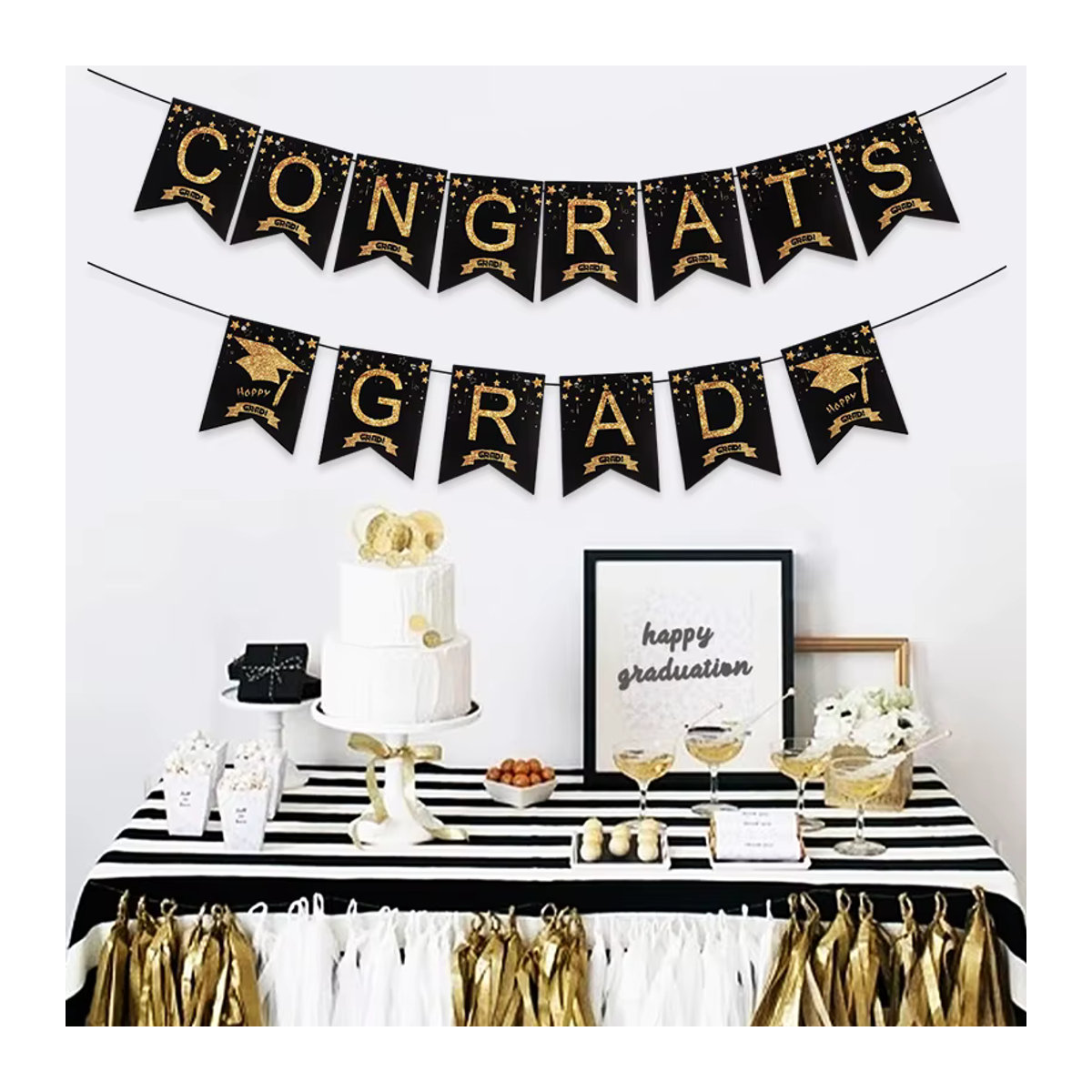 ZQNYCY Abschlussfeier Dekoration Set mit Papierbanner Girlande hängenden Spiralen und Ballons in Gold und Schwarz für die Klasse von 2025 - Bild 3