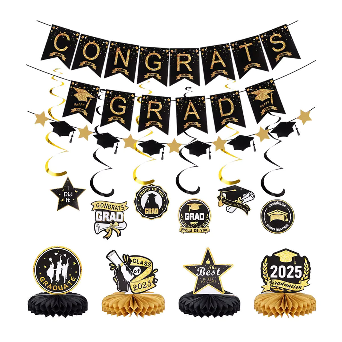 ZQNYCY Abschlussfeier Dekoration Set mit Papierbanner Girlande hängenden Spiralen und Ballons in Gold und Schwarz für die Klasse von 2025 - Bild 4