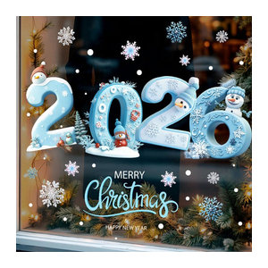 ZQNYCY Fensteraufkleber für Weihnachten und Neujahr mit Schneemann und Schneeflocken in Blau, Elektrostatische Glasdekoration für Kinder