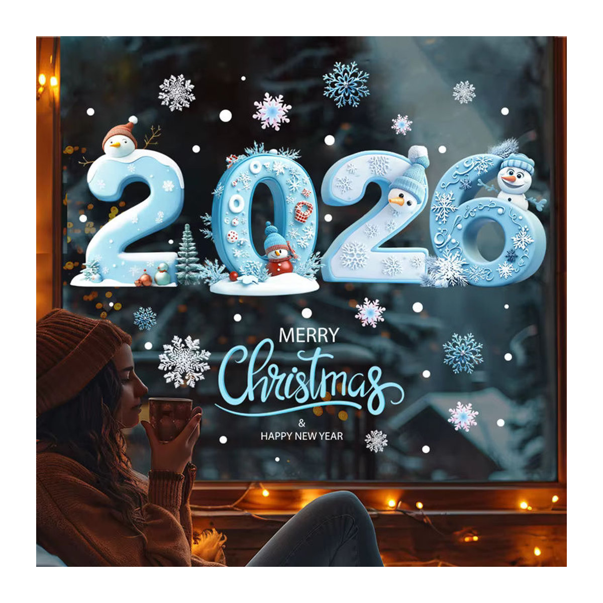 ZQNYCY Fensteraufkleber für Weihnachten und Neujahr mit Schneemann und Schneeflocken in Blau, Elektrostatische Glasdekoration für Kinder - Bild 3