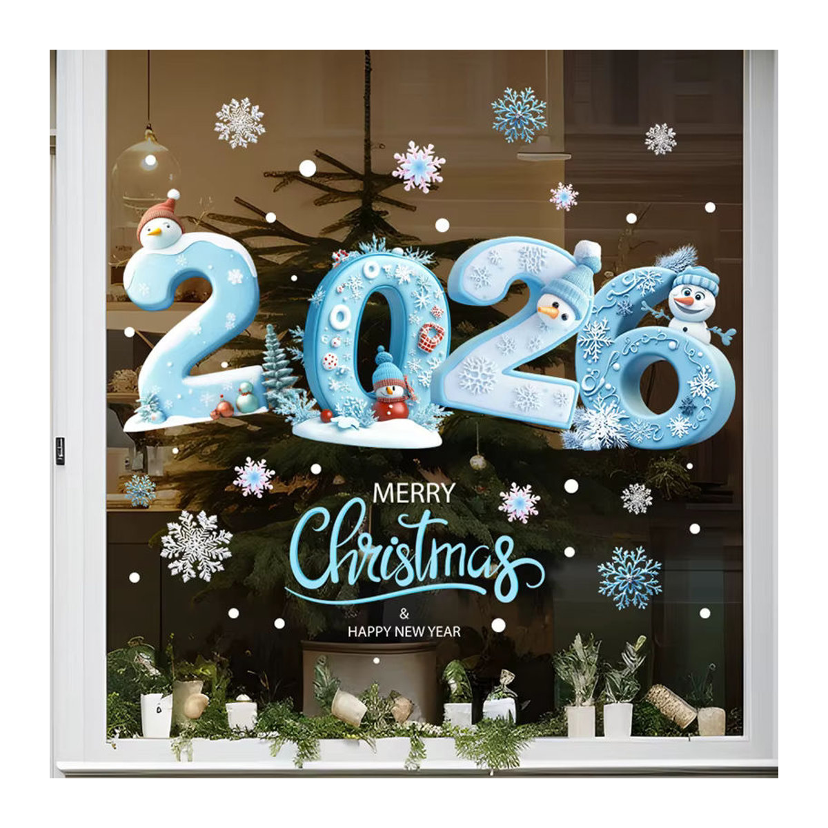 ZQNYCY Fensteraufkleber für Weihnachten und Neujahr mit Schneemann und Schneeflocken in Blau, Elektrostatische Glasdekoration für Kinder - Bild 4