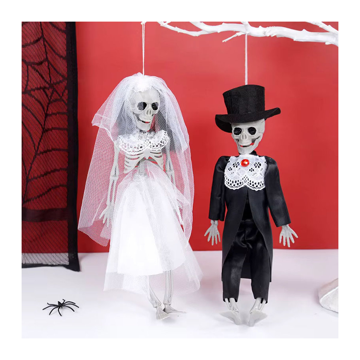 ZQNYCY Halloween Skelett-Dekoration Braut und Bräutigam in Weiß aus Kunststoff und Textil - Bild 4