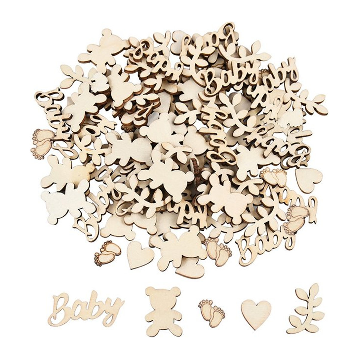 ZQNYCY Holz Konfetti Set mit Baby Bär, Herz und Blättern in Beige für Geburtstag und Baby Shower DIY Dekoration, 100 Stück - Bild 1