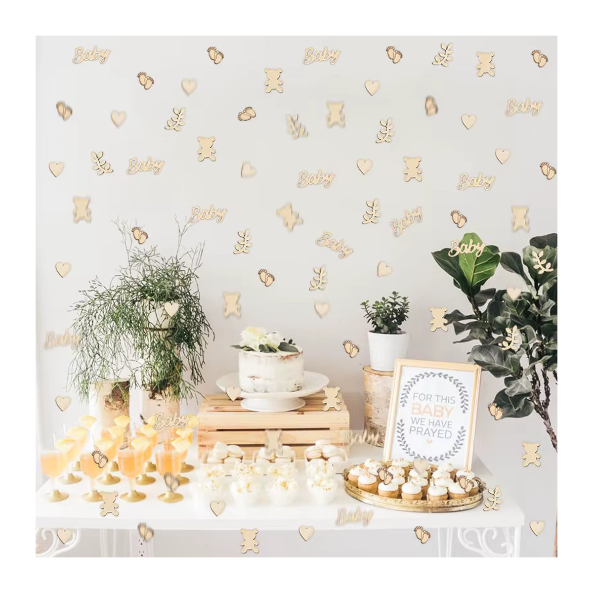 ZQNYCY Holz Konfetti Set mit Baby Bär, Herz und Blättern in Beige für Geburtstag und Baby Shower DIY Dekoration, 100 Stück - Bild 2