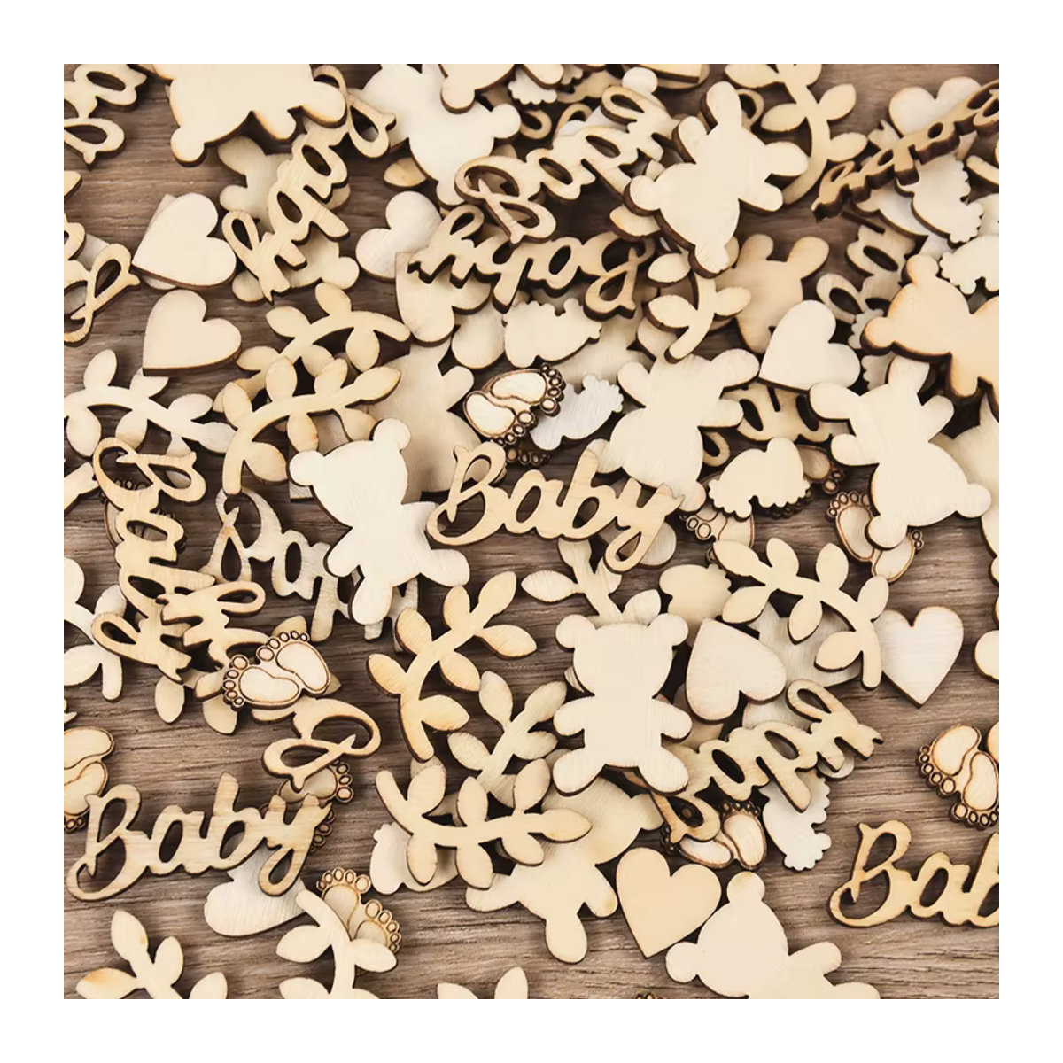 ZQNYCY Holz Konfetti Set mit Baby Bär, Herz und Blättern in Beige für Geburtstag und Baby Shower DIY Dekoration, 100 Stück - Bild 3