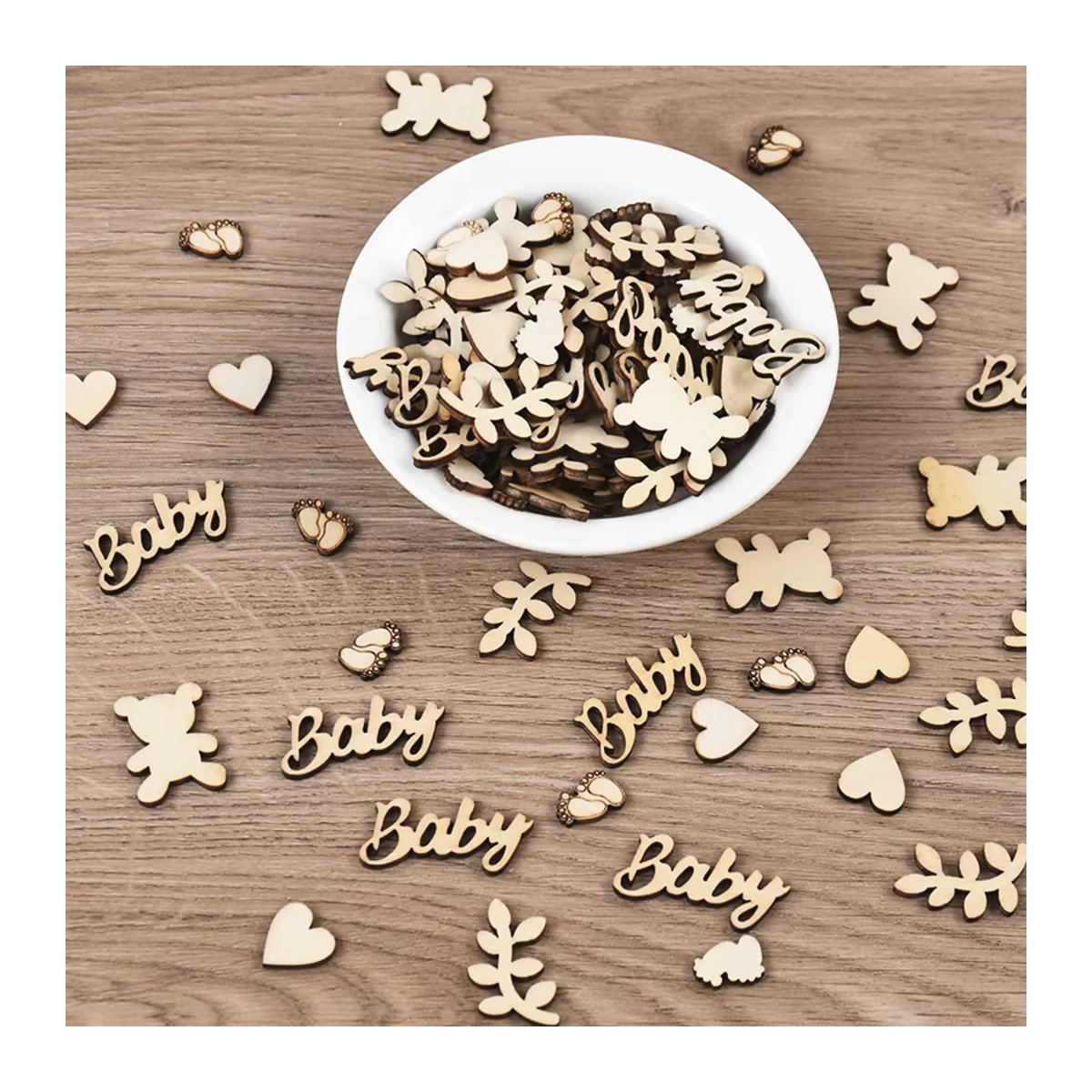ZQNYCY Holz Konfetti Set mit Baby Bär, Herz und Blättern in Beige für Geburtstag und Baby Shower DIY Dekoration, 100 Stück - Bild 6