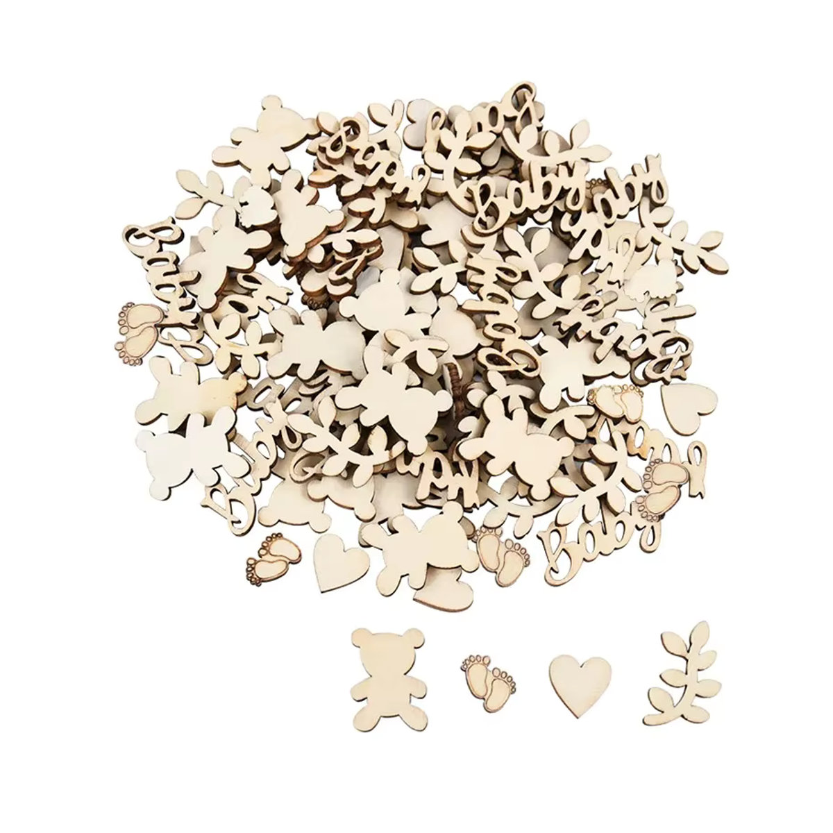 ZQNYCY Holz Konfetti Set mit Baby Bär, Herz und Blättern in Beige für Geburtstag und Baby Shower DIY Dekoration, 100 Stück - Bild 7
