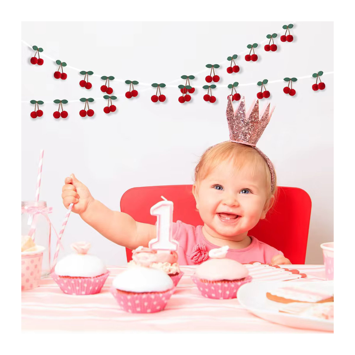 ZQNYCY Kirsch-Girlande aus Textil-Pompoms in Pink und Rot für Kindergeburtstage und Dekorationen - Bild 3