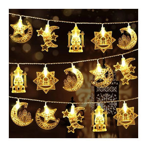 ZQNYCY LED Lichterkette mit 10 LEDs in Gelb für Ramadan und Eid Mubarak mit Mond, Stern und Laternen Motiven, Länge: 1,5 m