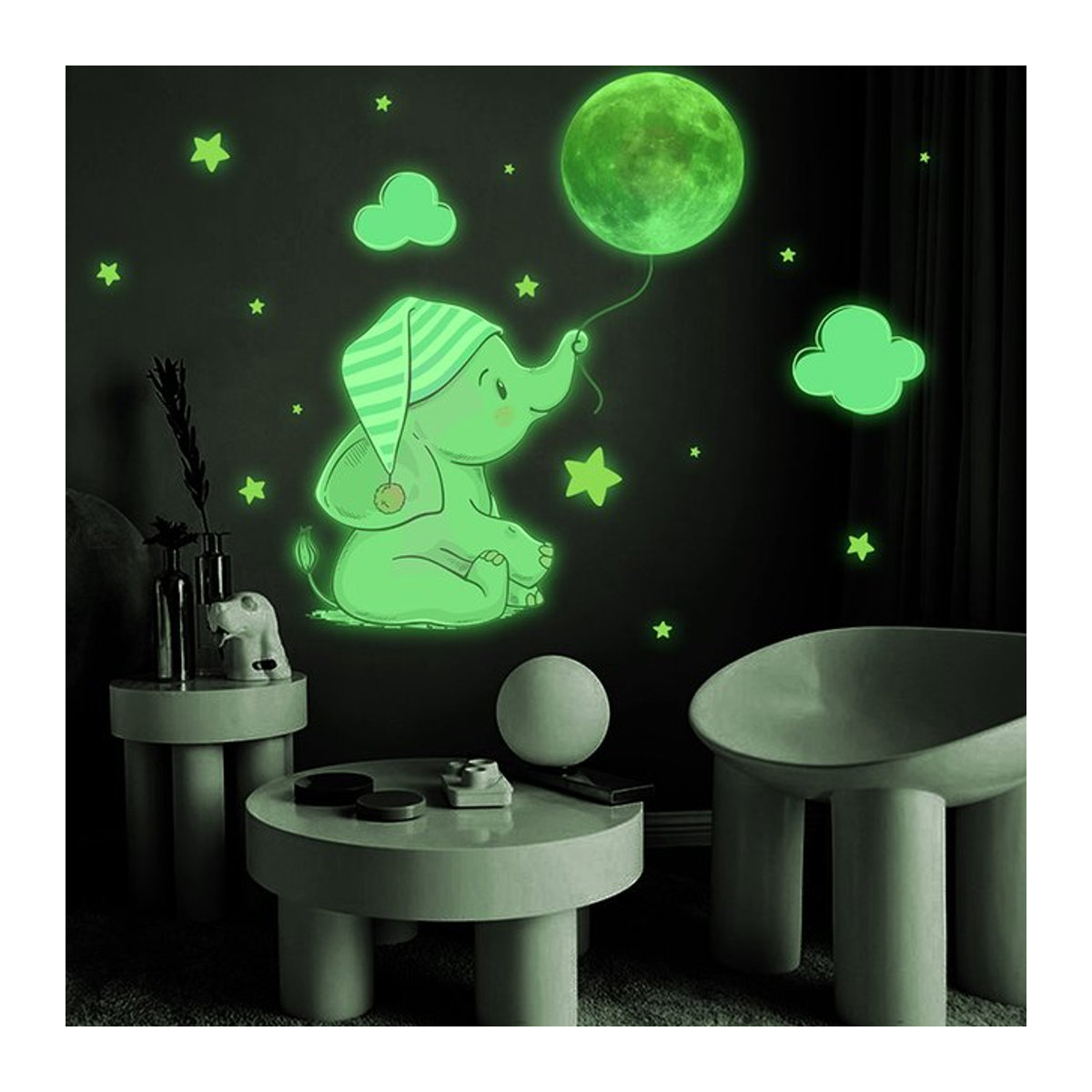 ZQNYCY Leuchtende Wandaufkleber mit Baby Elefant und Mond in Grün für Kinderzimmer und Schlafzimmer - Bild 1