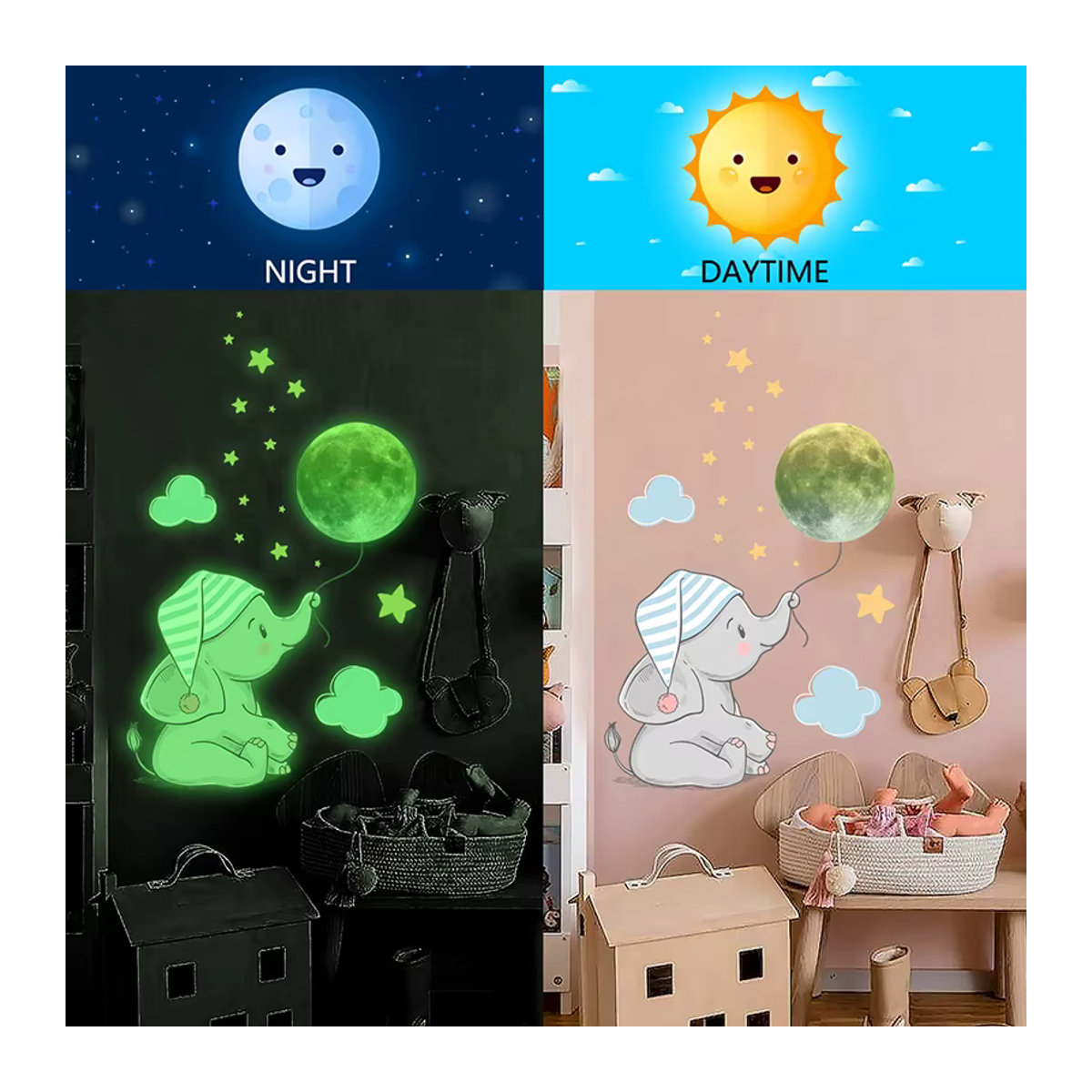ZQNYCY Leuchtende Wandaufkleber mit Baby Elefant und Mond in Grün für Kinderzimmer und Schlafzimmer - Bild 2