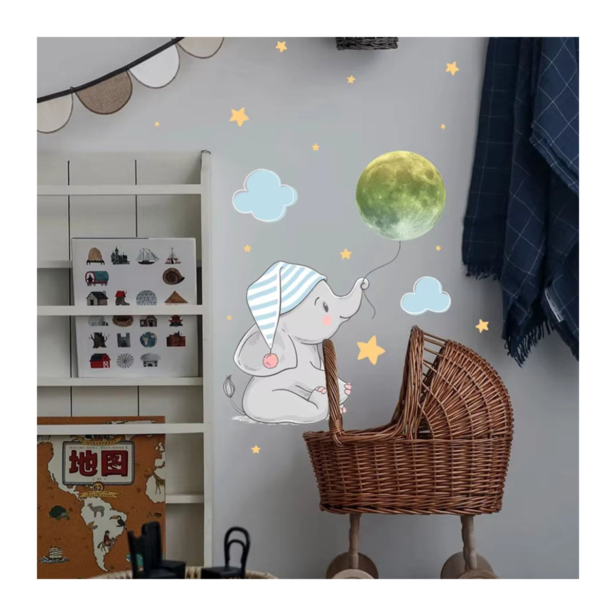 ZQNYCY Leuchtende Wandaufkleber mit Baby Elefant und Mond in Grün für Kinderzimmer und Schlafzimmer - Bild 3