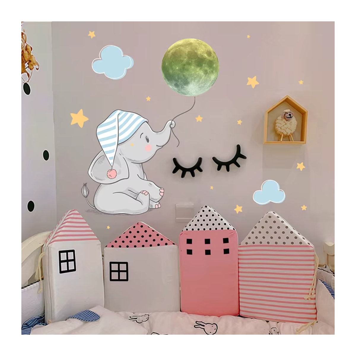 ZQNYCY Leuchtende Wandaufkleber mit Baby Elefant und Mond in Grün für Kinderzimmer und Schlafzimmer - Bild 4