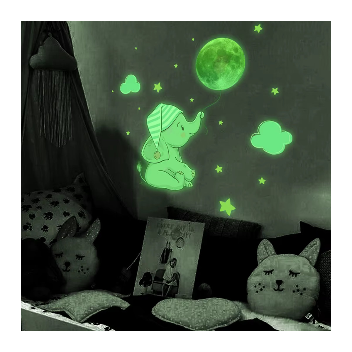 ZQNYCY Leuchtende Wandaufkleber mit Baby Elefant und Mond in Grün für Kinderzimmer und Schlafzimmer - Bild 5