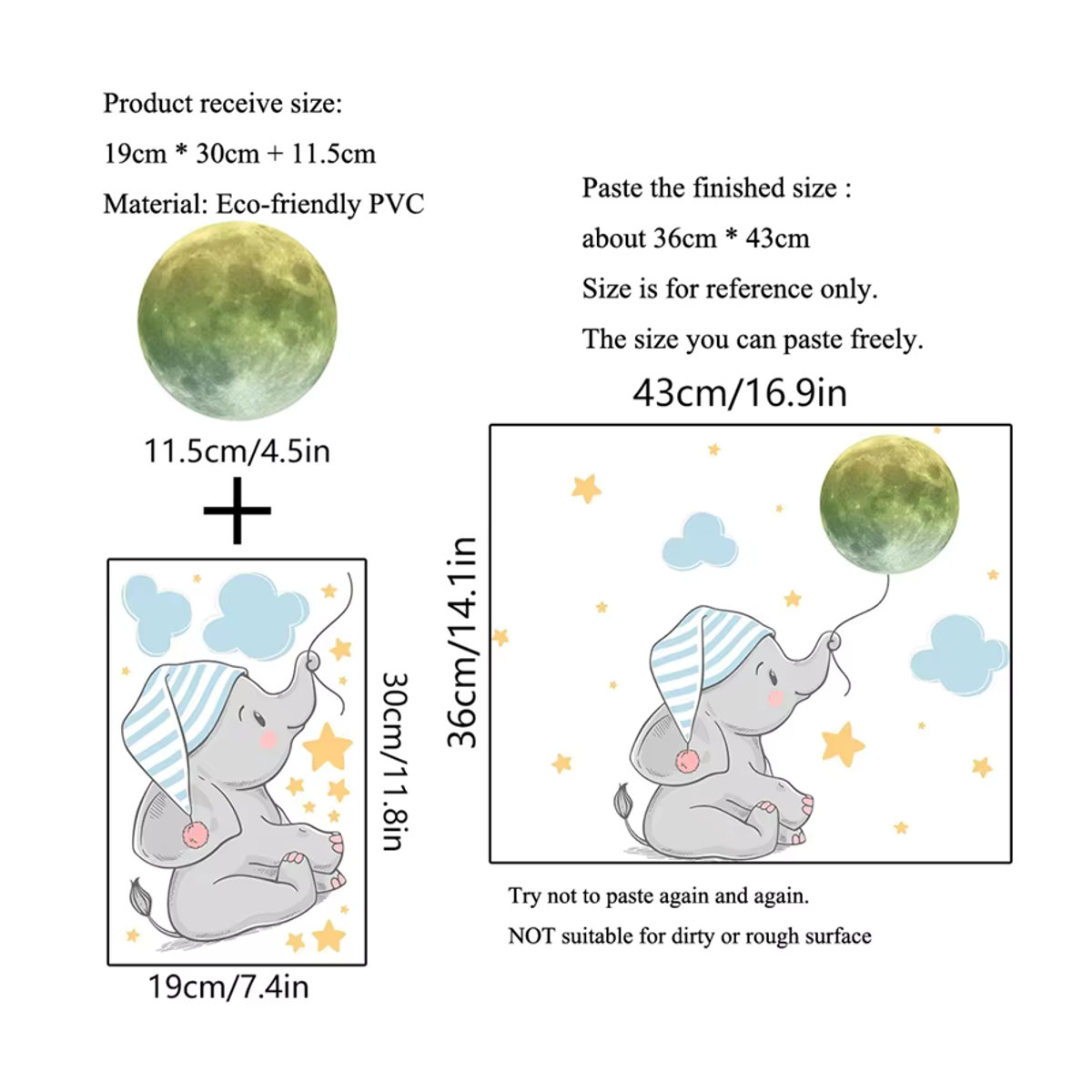 ZQNYCY Leuchtende Wandaufkleber mit Baby Elefant und Mond in Grün für Kinderzimmer und Schlafzimmer - Bild 6