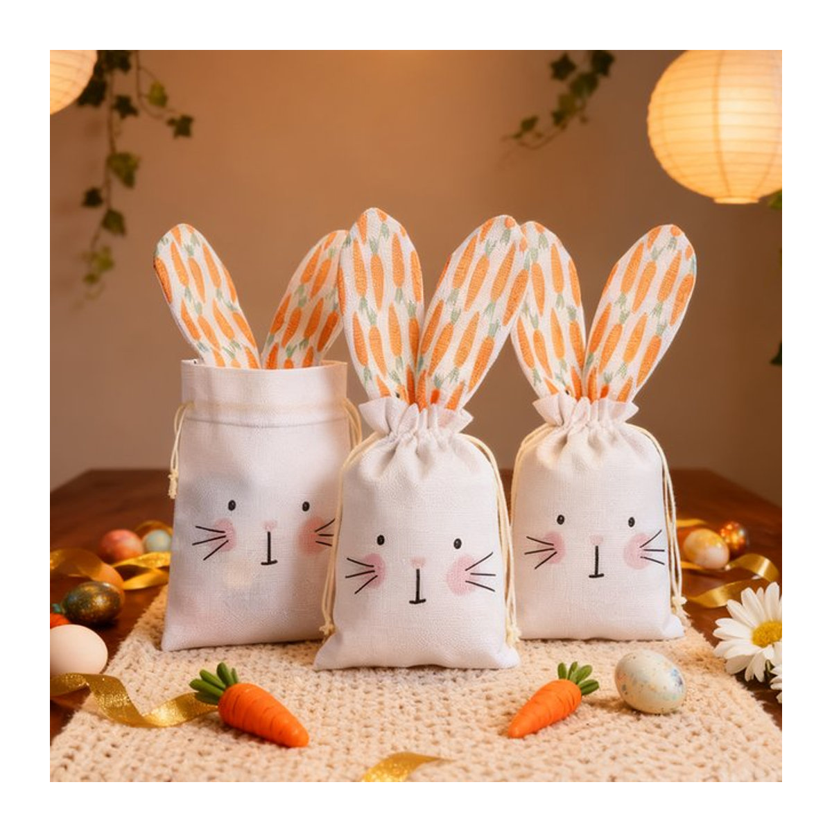 ZQNYCY Osterhase und Karotte Leinen Geschenktüten mit Kordelzug in Weiß für Ostern Dekoration und Süßigkeiten Verpackung - Bild 1