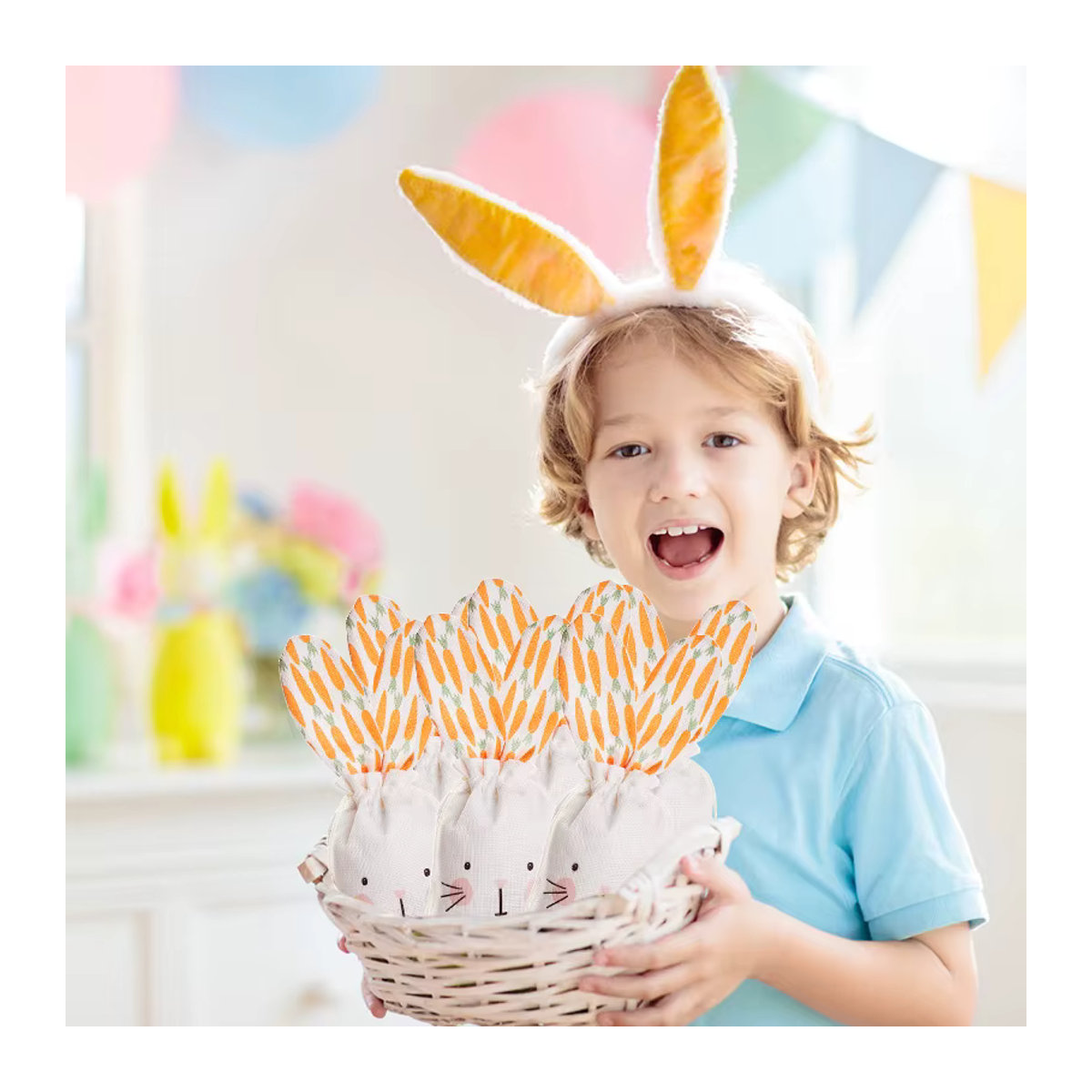 ZQNYCY Osterhase und Karotte Leinen Geschenktüten mit Kordelzug in Weiß für Ostern Dekoration und Süßigkeiten Verpackung - Bild 2