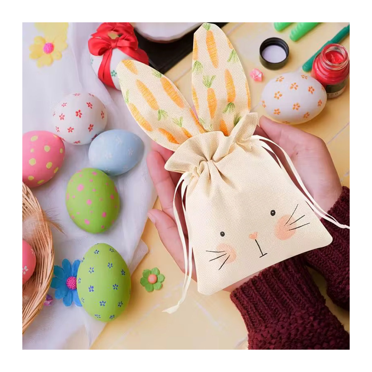ZQNYCY Osterhase und Karotte Leinen Geschenktüten mit Kordelzug in Weiß für Ostern Dekoration und Süßigkeiten Verpackung - Bild 3
