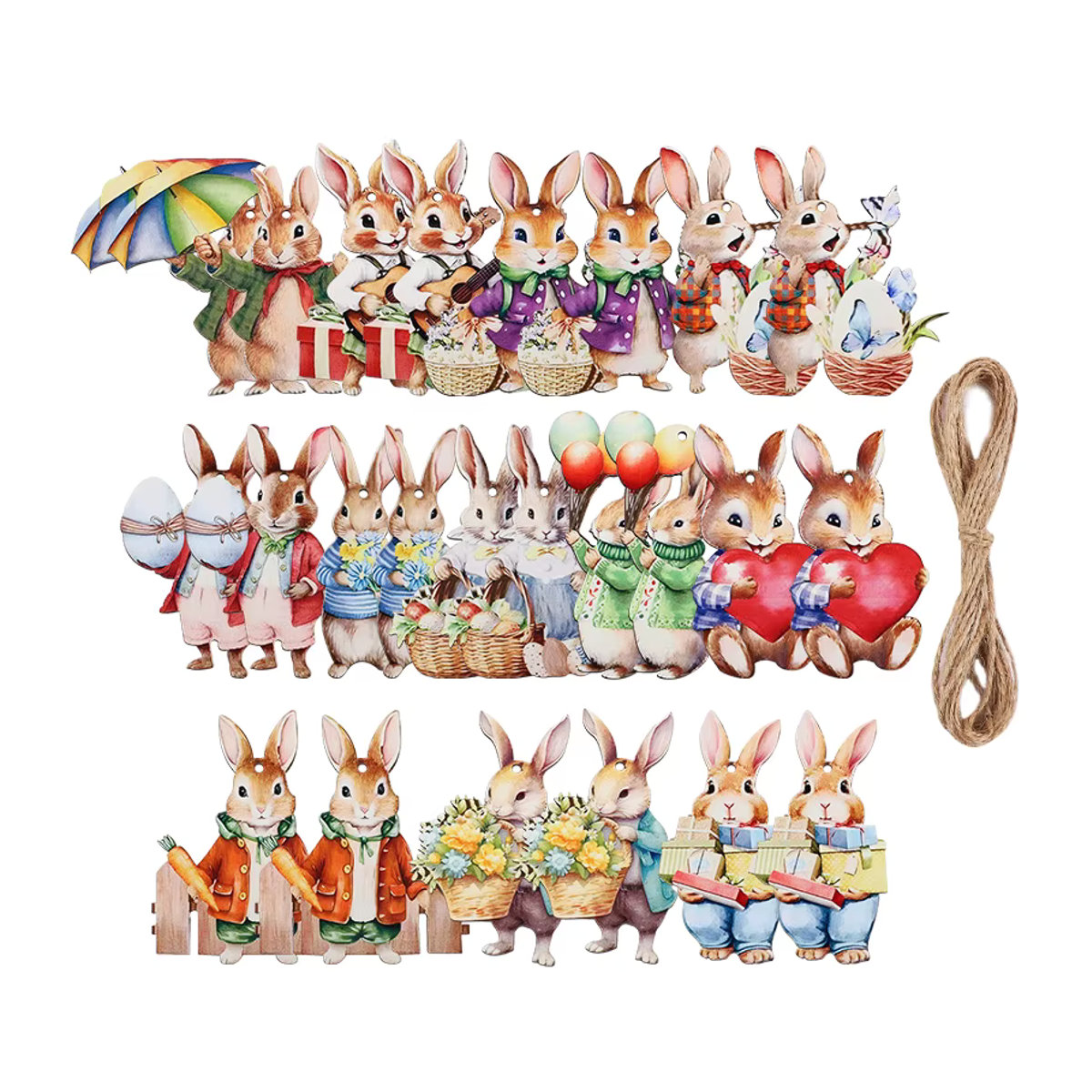 ZQNYCY Ostern Hängeornamente aus Holz mit Kaninchen und Eiern in Mehrfarbig für DIY Handwerk und Kinderdeko, 12 Stück - Bild 2