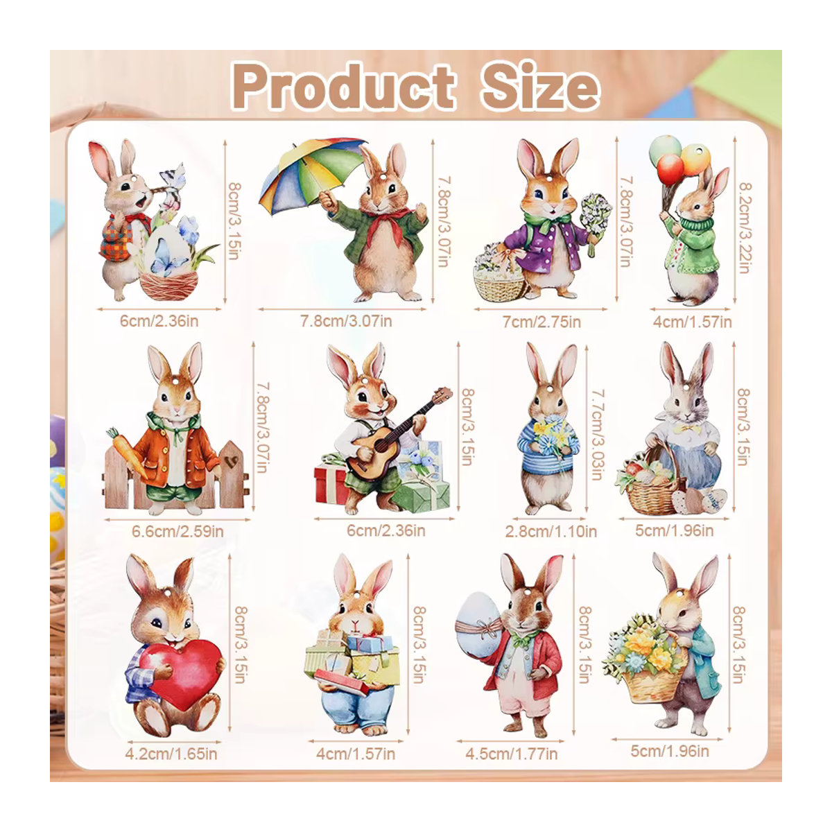 ZQNYCY Ostern Hängeornamente aus Holz mit Kaninchen und Eiern in Mehrfarbig für DIY Handwerk und Kinderdeko, 12 Stück - Bild 3
