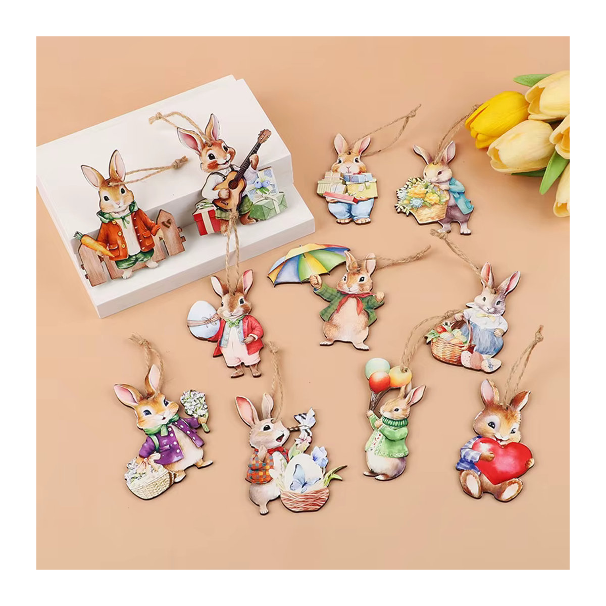 ZQNYCY Ostern Hängeornamente aus Holz mit Kaninchen und Eiern in Mehrfarbig für DIY Handwerk und Kinderdeko, 12 Stück - Bild 4