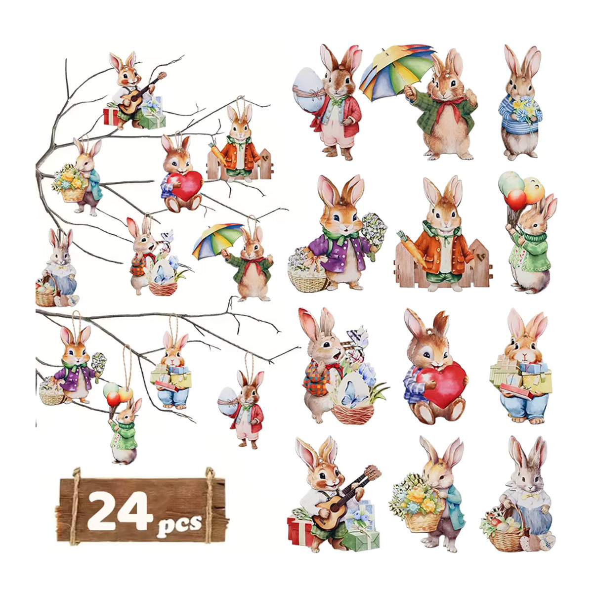 ZQNYCY Ostern Hängeornamente aus Holz mit Kaninchen und Eiern in Mehrfarbig für DIY Handwerk und Kinderdeko, 12 Stück - Bild 5