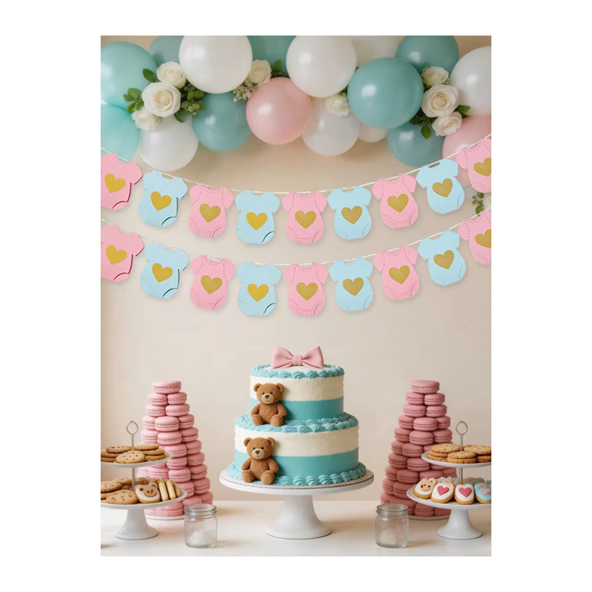 ZQNYCY Papiergirlande Bodysuit und Herzen in Blau und Rosa für Babyparty, Gender Reveal und Geburtstag Dekoration - Bild 5