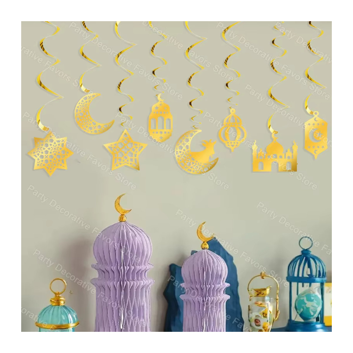 ZQNYCY Ramadan Dekoration Set aus 8 Stück goldene Hängende Swirl Ornamente mit Mond und Sternen für Eid Mubarak Party Dekoration - Bild 2