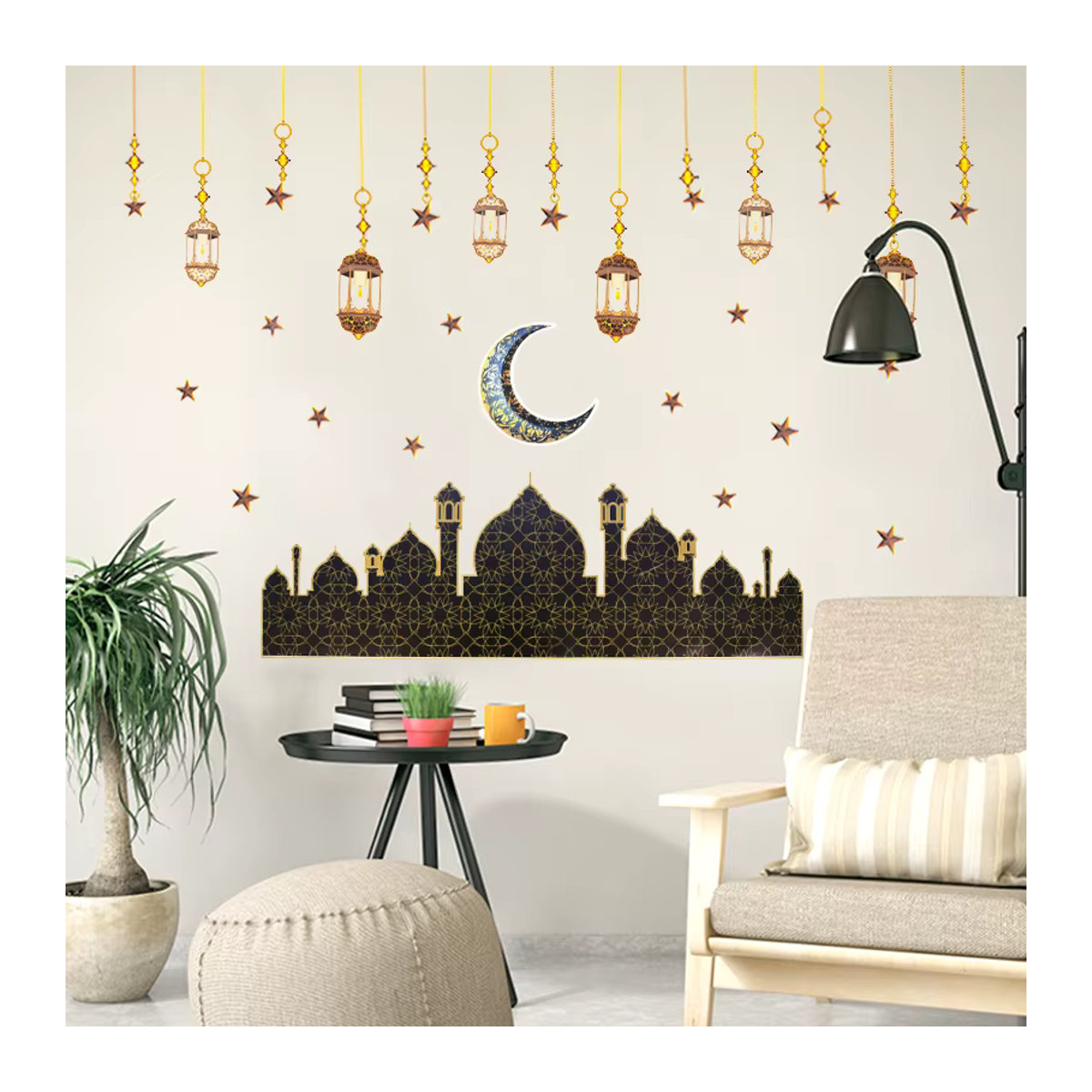 ZQNYCY Wandaufkleber Ramadan Kareem Eid Mubarak mit Sternen und Laternen in Gold für orientalische Dekorationen - Bild 1